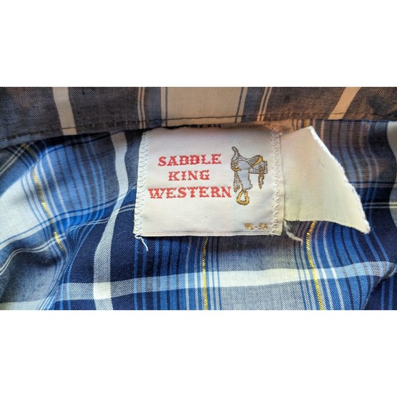 VTG Saddle King Western Shirt Short Sleeve Pearl Snaps Blue and Gray Plaid XL - Picture 3 of 4